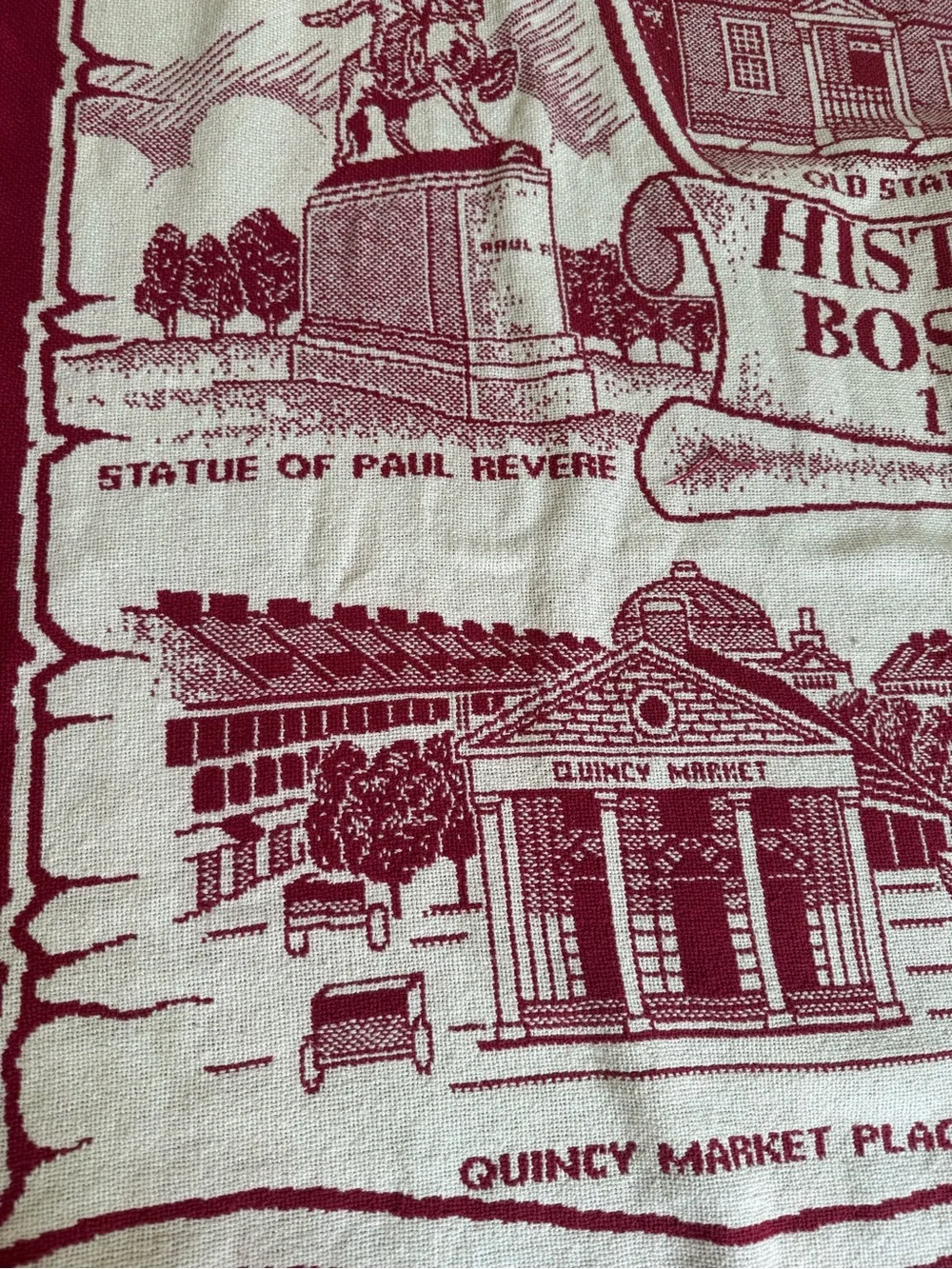 Historic Boston landmarks red and cream woven tapestry throw fringed blanket